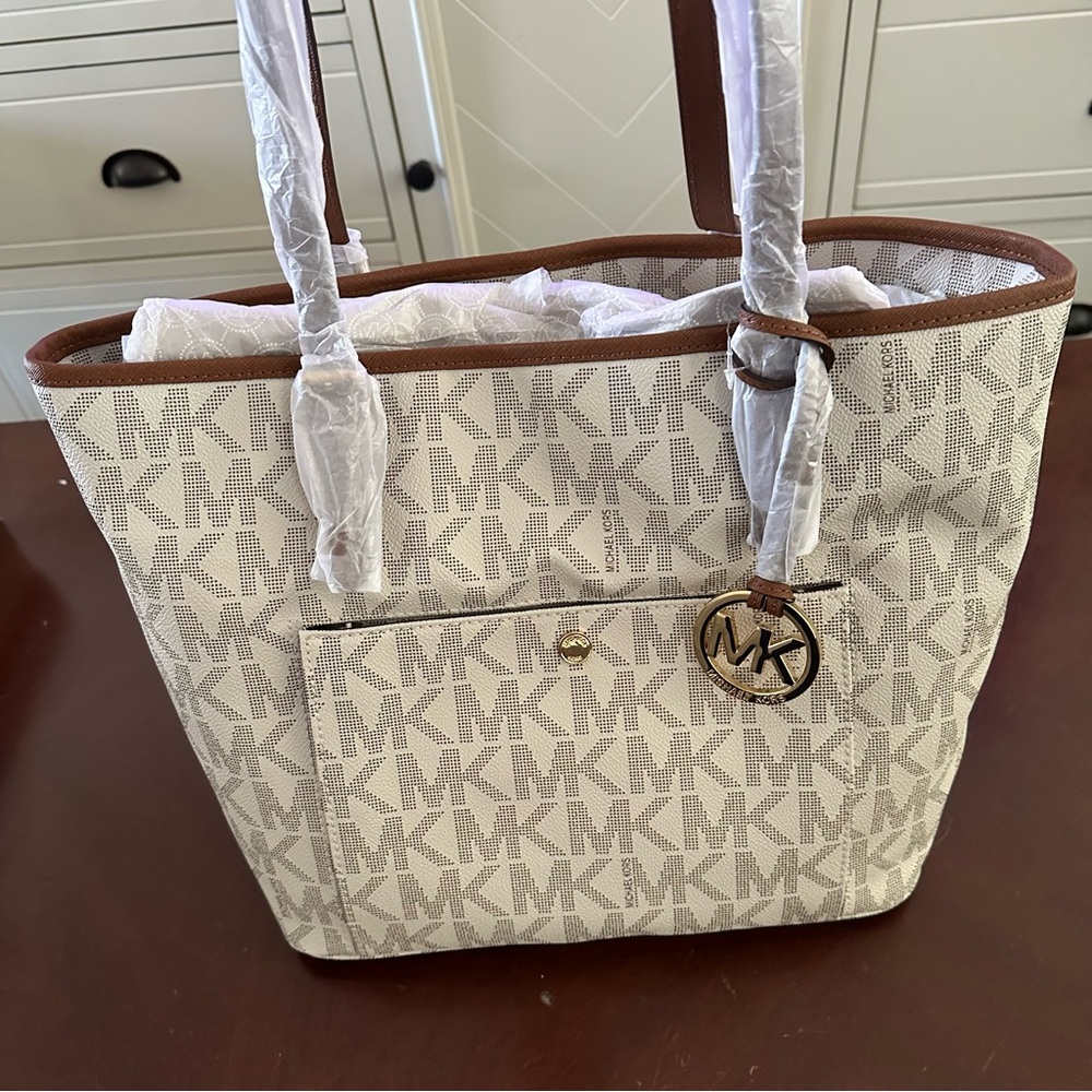 Michael Kors Signature Cream and Brown Tote
